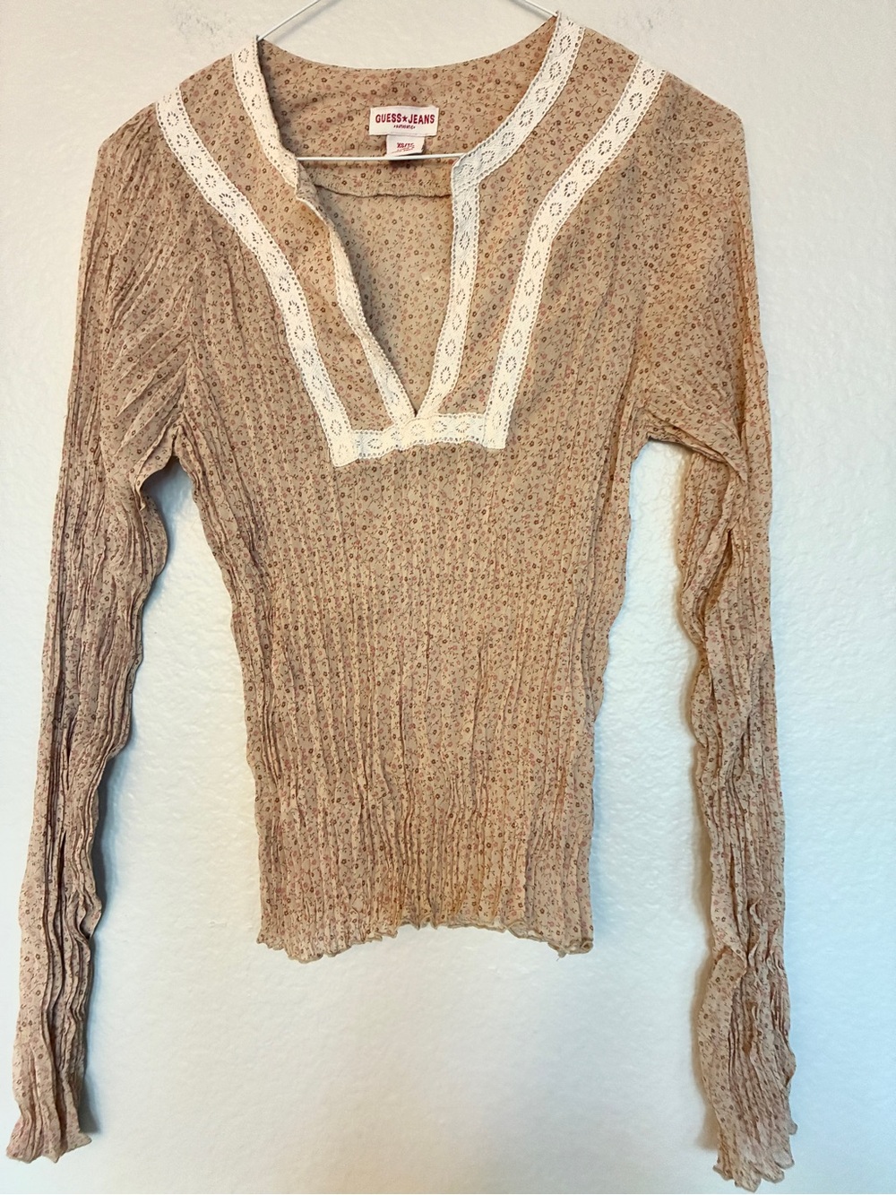 Guess Jeans Y2K Tan Pink/Brown Floral White Lace Long Sleeve Peasant Top Boho